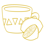 drawing of a yellow mug with triangles and a sliced lemon